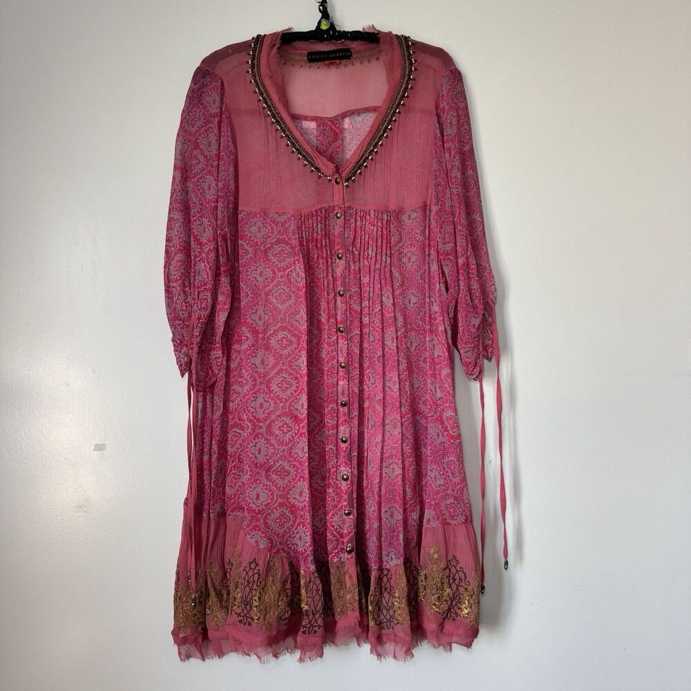 Boho Pink Khavita Barrita Paisley Embroidered Beaded Tassel Cover Up Midi One SZ